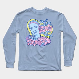 Blue Girl With Pastel Blossoms on a Yellow Sky Long Sleeve T-Shirt